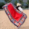 Red ethnic style large beach shawl with vibrant floral pattern for sun protection - 180x90cm / True Red Ethnic