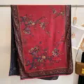 Vintage red mulberry silk scarf featuring plum blossom print and premium hand-rolled edges - 180cm / Dark Red Black Branch Plum Blossom (10)