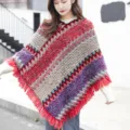 Stylish ethnic zigzag pattern knitted poncho shawl with vibrant red fringe tassels - Red