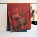Double-sided premium silk scarf with vintage floral peony print and hand-rolled edges - 180cm / Dark Red And Dark Blue Peony (11)