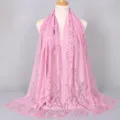 Light pink nylon hollow lace scarf with elegant floral pattern and fringe tassels - 170x65cm / Dusky Pink