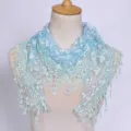 Elegant light blue lace triangle scarf with floral hollow embroidery and delicate tassel trim - Light Blue