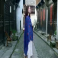 Elegant blue cotton linen shawl with red flower embroidery featured on an Asian model - 90x180cm / Dark Blue