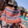 Ethnic style red and blue shawl with golden elephant print, perfect for beach travel - 180x90cm / Red Blue Elephant