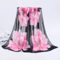 Elegant ladies long chiffon scarf featuring a vibrant pink floral print on black fabric - 155x50cm / 4 Large Flowers Black