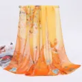 Elegant chiffon long scarf with orange floral and magpie bird print for women - 155x50cm / Magpie - Yellow