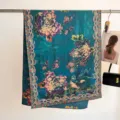 Luxe mulberry silk scarf detail featuring vintage peony and crane floral patterns - 180cm / Dark Teal Purple Peony Ocean (14)