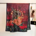 Detailed view of a vintage silk scarf with red peony and phoenix prints and gold moon - 180cm / Red Black Phoenix Landscape (15)