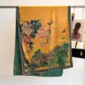 Detail showing the intricate floral and mountain landscape print on a retro silk scarf - 180cm / Ginger Green Peony Landscape (16)