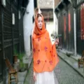 Embroidered orange cotton linen shawl with small plum blossom pattern for women - 90x180cm / Orange Red