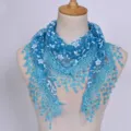 Elegant sky blue hollow lace triangular scarf featuring white floral embroidery and tassels - Sapphire Blue