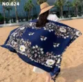 Ethnic style dark blue floral print large beach shawl and silky sun protection scarf wrap - 180x90cm / Navy Floral