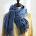 Detailed view of blue solid color thick winter scarf with decorative fringe tassels - 200*70cm / Sky Blue