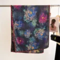 Detailed view of luxury silk scarf with vintage floral print and hand-rolled edges - 180cm / Dark Blue Purple Large Floral (19)