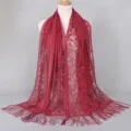 Elegant burgundy nylon lace scarf with hollow floral pattern and fringe tassels - 170x65cm / Burgundy