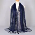 Elegant navy blue lace scarf featuring floral patterns and long fringe details for women - 170x65cm / Navy Blue