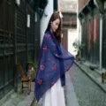 Elegant navy blue ethnic style cotton linen shawl with red flower embroidery for women - 90x180cm / Navy Blue