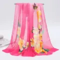 Elegant pink chiffon scarf with yellow plumeria flower print for women - 155x50cm / Begonia Magenta