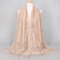 Elegant beige nylon lace scarf with hollow floral pattern and long fringe for women - 170x65cm / Light Khaki