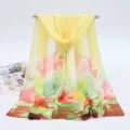 Elegant yellow chiffon long scarf with vibrant green and red floral print pattern - 155x50cm / Oil Painting Yellow
