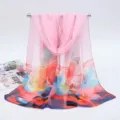 Elegant pink long chiffon scarf for women with colorful floral print and soft texture - 155x50cm / Oil Painting Pink
