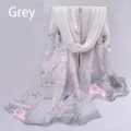 Elegant chiffon long scarf with vintage floral and magpie print in soft gray - 155x50cm / Magpie Grey