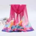 Elegant magenta chiffon long scarf with vibrant floral and feather print for women's style - 155x50cm / Oil Painting Magenta