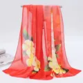 Lightweight red chiffon scarf with vibrant yellow plumeria floral print for women - 155x50cm / Begonia - Bright Red