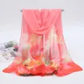 Elegant pink chiffon long scarf with vibrant red flower print for women - 155x50cm / Oil Painting - Cream