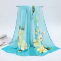 Elegant light blue floral chiffon long scarf with yellow plumeria flower print for women - 155x50cm / Begonia - Lake Blue