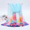 Elegant light blue floral chiffon long scarf for women with artistic pink rose print design - 155x50cm / Oil Painting Blue