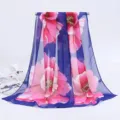 Elegant chiffon long scarf with large pink floral print on navy blue background - 155x50cm / 4 Large Flowers Royal Blue