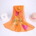 Lightweight orange chiffon long scarf with vibrant pink flower print for women, summer accessory - 155x50cm / Tulip Orange