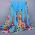 Light blue chiffon long scarf with vibrant peacock feather and floral prints - Color 5 - 155x50cm / Blue Feathers