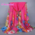Rose red lightweight chiffon long scarf featuring vibrant peacock feather and floral print patterns - 155x50cm / Rose Red Feather