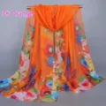 Lightweight orange chiffon long scarf for women with peacock feather and floral pattern - 155x50cm / Orange Feather