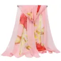 Elegant pink chiffon long scarf featuring a vibrant red rose floral print for spring - 155x50cm / Pink Tulip