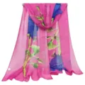 Elegant pink chiffon scarf for women featuring a vibrant blue floral print pattern - 155x50cm / Rose Red Tulip
