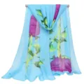 Elegant light blue chiffon long scarf for women with vibrant purple floral print design - 155x50cm / Blue Tulip