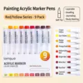 9-piece red and yellow series acrylic marker set with flexible soft brush tips for art. - Red and Yellow Series / 9 Pieces Set
