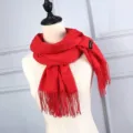 Elegant solid red cashmere-like long scarf with fringe details displayed on a mannequin - Red
