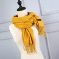 Soft solid yellow imitation cashmere scarf with elegant fringe detail for women winter - Yellow