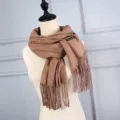 Solid camel brown cashmere-like winter scarf with long fringe details for women - Khaki