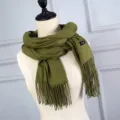 Elegant solid olive green imitation cashmere winter scarf with decorative tassels - Green