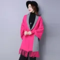 Elegante scialle reversibile in finto cashmere rosa e grigio con nappine alla moda per donna - Scialle a tinta unita - Rosa fucsia / Taglia S