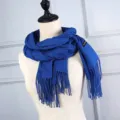 Solid royal blue thick long pashmina shawl scarf for women with fringe tassels winter - Blue
