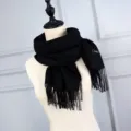 Elegant black solid color imitation cashmere scarf with fringe tassels - Black