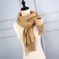 Classic camel solid color imitation cashmere scarf with tassel details for women - Camel
