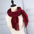 Elegant long dark red solid color faux cashmere scarf with stylish fringe details - Wine Red