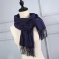 Elegant navy blue imitation cashmere scarf for women with tassels in autumn winter - Navy Blue